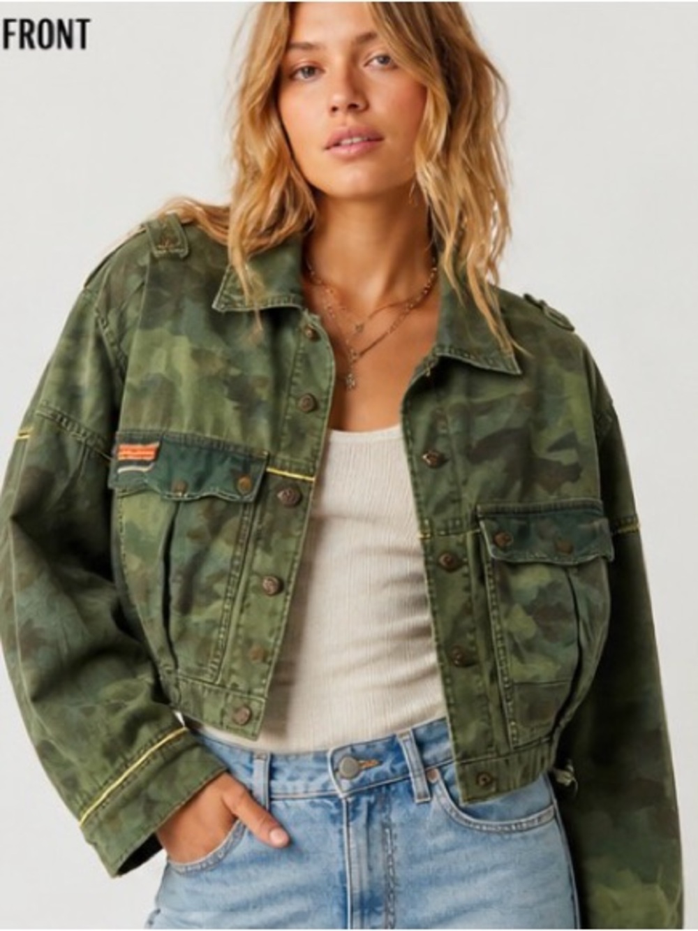 Free People Camouflage Crop Jacket - Olive Green P2P 28’ - Picture 1 of 3